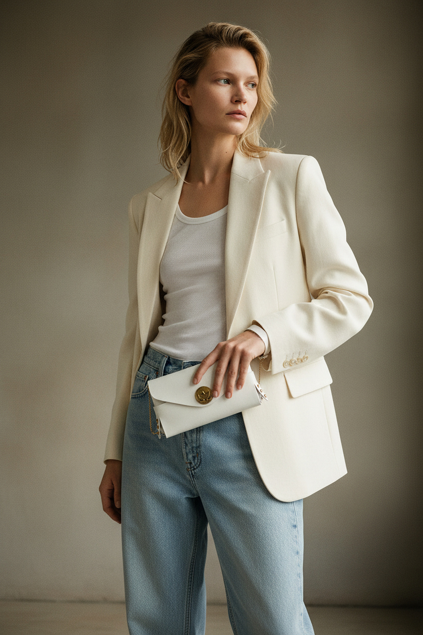 Modella con clutch bianca