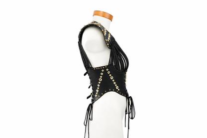 Corsetto "Bretia" in cuoio nero e cristalli