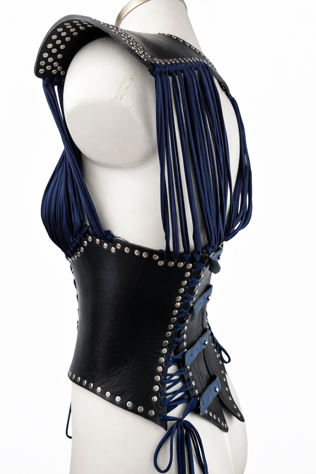 Corsetto "Bretia" in cuoio nero, lycra blu e argento
