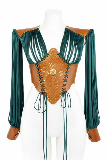 Corpetto Bretia in cuoio naturale e lycra verde