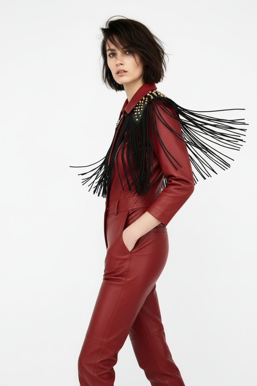 Spalle in cuoio nero con frange in movimento - vista tre quarti